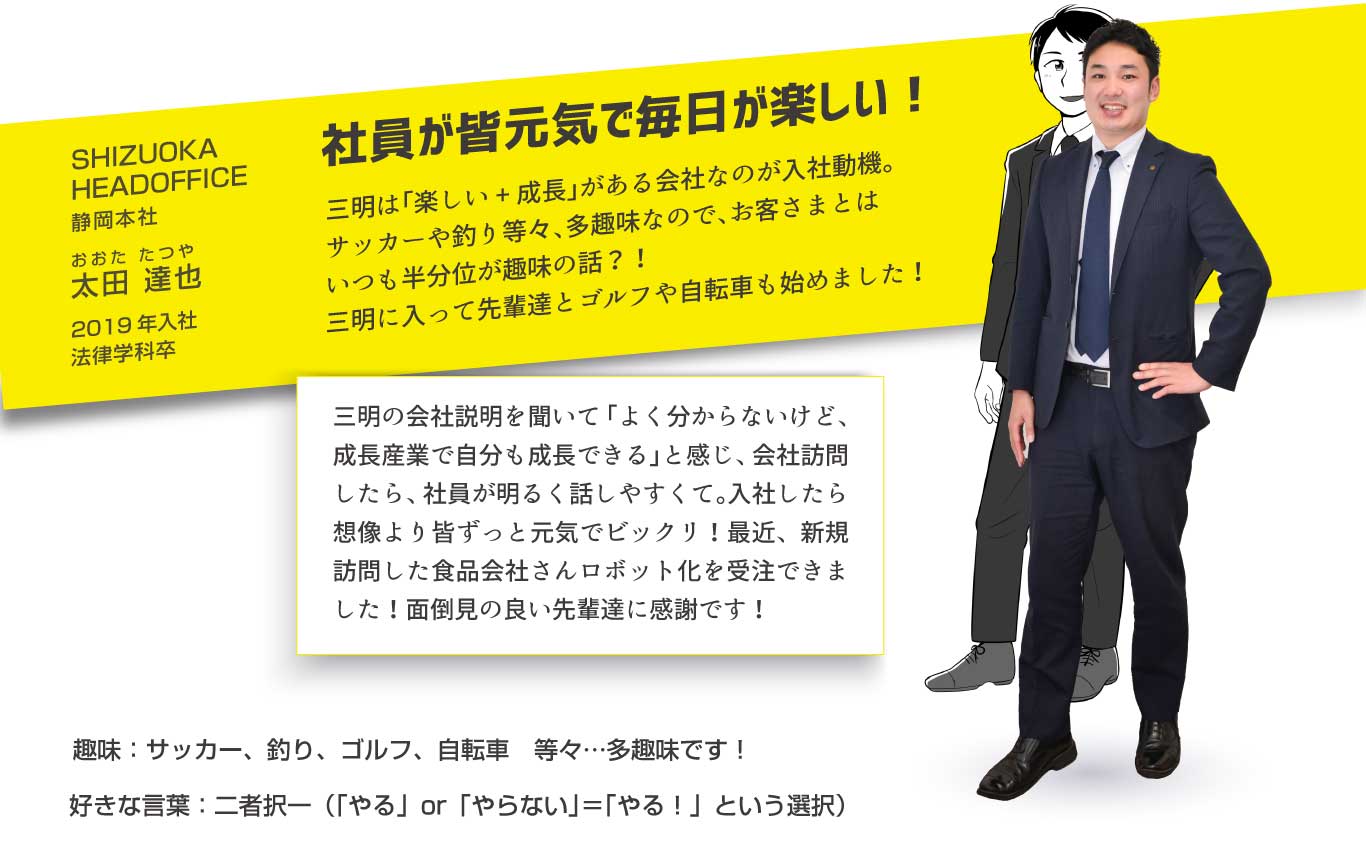 先輩のプロフィール　SHIZUOKA　HEADOFFICE　静岡本社　おおた たつや　太田 達也　2019年入社　法律学科卒　社員が皆元気で毎日が楽しい！三明は「楽しい+成長」がある会社なのが入社動機。サッカーや釣り等々、多趣味なので、お客さまとはいつも半分位が趣味の話？！三明に入って先輩達とゴルフや自転車も始めました！好きな言葉：二者択一（「やる」or「やらない」＝「やる！」という選択）趣味：サッカー、釣り、ゴルフ、自転車　等々…多趣味です！